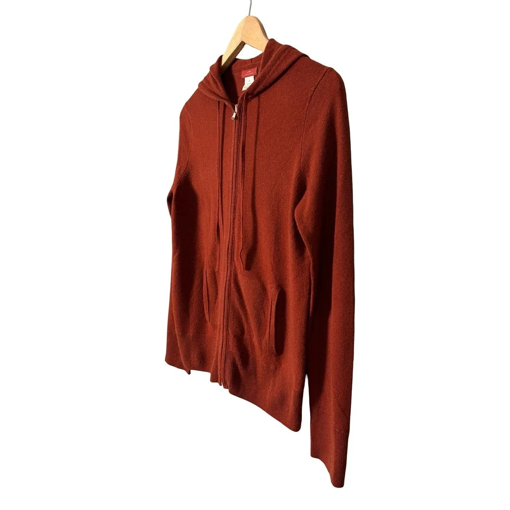 J. Crew 100% Cashmere Full Zip Hoodie Sweater Medium Rust Burnt Orange